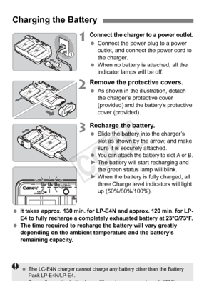 Page 3030
1Connect the charger to a power outlet.
 Connect the power plug to a power 
outlet, and connect the power cord to 
the charger.
  When no battery is attached, all the 
indicator lamps will be off.
2Remove the protective covers.
 As shown in the illustration, detach 
the charger’s protective cover 
(provided) and the battery’s protective 
cover (provided).
3Recharge the battery.
 Slide the battery into the charger’s 
slot as shown by the arrow, and make 
sure it is securely attached.
 
You can attach...