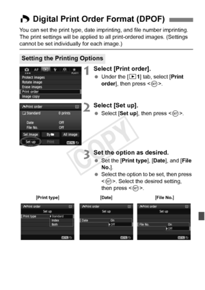 Page 309309
You can set the print type, date imprinting, and file number imprinting. 
The print settings will be applied to  all print-ordered images. (Settings 
cannot be set individually for each image.)
1Select [Print order].
 Under the [ 31] tab, select [Print 
order], then press < 0>.
2Select [Set up].
  Select [Set up ], then press .
3Set the option as desired.
  Set the [Print type ], [Date ], and [ File 
No. ].
  Select the option to be set, then press 
. Select the desired setting, 
then press < 0>.
W...