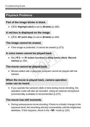 Page 382382
Troubleshooting Guide
 [3 3: Highlight alert ] is set to [Enable] (p.249).
  [3 3: AF point disp.] is set to [ Enable] (p.249).
  If the image is protected, it  cannot be erased (p.273).
  Set [ 85: J /K  button function ] to [Play memo (Hold: Record 
memo)] (p.330).
  Movies edited with a personal com puter cannot be played with the 
camera.
  If you operate the camera’s dials or  lens during movie shooting, the 
operation noise will also be reco rded. Using an external microphone 
(commercially...
