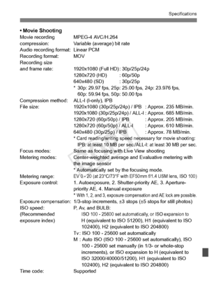 Page 393393
Specifications
• Movie ShootingMovie recording MPEG-4 AVC/H.264
compression: Variable (average) bit rate
Audio recording format: Linear PCM
Recording format: MOV
Recording size
and frame rate: 1920x108 0 (Full HD) : 30p/25p/24p
1280x720 (HD) : 60p/50p
640x480 (SD) : 30p/25p
* 30p: 29.97 fps, 25p: 25.0 0 fps, 24p: 23.976 fps,
60p: 59.94 fps, 50p: 50.00 fps
Compression method: A LL-I (I-only), IPB
File size: 1920x1080 (30p/25p/24p)  / IPB : Approx. 235 MB/min.
1920x1080 (30p/25p/24p) / ALL-I: Approx....