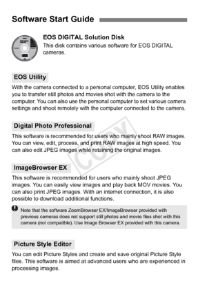 Page 410410
EOS DIGITAL Solution Disk
This disk contains various software for EOS DIGITAL 
cameras.
With the camera connected to a  personal computer, EOS Utility enables 
you to transfer still phot os and movies shot with the camera to the 
computer. You can also use the personal  computer to set various camera 
settings and shoot remotely with t he computer connected to the camera.
This software is recommended for us ers who mainly shoot RAW images. 
You can view, edit, process, and pr int RAW images at high...