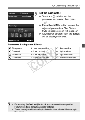 Page 133133
A Customizing a Picture Style N
5Set the parameter.
 Turn the < 5> dial to set the 
parameter as desired, then press 
< 0 >.
  Press the < M> button to save the 
adjusted parameters. The Picture 
Style selection screen will reappear.
X Any settings different from the default 
will be displayed in blue.
Parameter Settings and Effects
g Sharpness 0: Less sharp  outline +7: Sharp outline
h  Contrast -4: Low cont rast +4: High contrast
i Saturation-4: Low saturation+4: High saturation
j Color tone-4:...