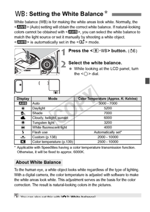 Page 137137
White balance (WB) is for making the white areas look white. Normally, the 
<
Q> (Auto) setting will obtain the correct white balance. If natural-looking 
colors cannot be obtained with , you can select the white balance to 
match the light source or set it m anually by shooting a white object.
 is automatically set in the < A> mode.
1Press the < n> button. (9 )
2Select the white balance.
 While looking at the LCD panel, turn 
the < 5> dial.
* Applicable with Speedlites having a co lor temperature...