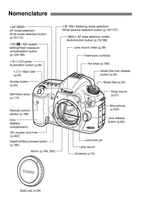 Page 1818
Nomenclature
Lens mount index (p.39)
Grip 
(Battery 
compartment) DC coupler cord hole 
(p.342)
Remote control 
sensor (p.186) Shutter button 
(p.44)
Mode Dial (p.24)
Mode Dial lock release 
button (p.45)
Hot shoe (p.188)
Flash-sync contacts
Microphone 
(p.234)
Lens lock pin
Lens mount
Contacts (p.15)
Self-timer lamp 
(p.113)
Strap mount 
(p.27)
Lens release 
button (p.40)
Mirror (p.184, 293)
 LCD panel 
illumination button (p.48)
 AF area selection mode/
Multi-function button (p.73/188)
 Metering...