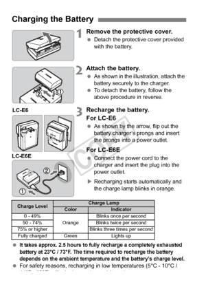 Page 2828
1Remove the protective cover.
 Detach the protective cover provided 
with the battery.
2Attach the battery.
 As shown in the illustration, attach the 
battery securely to the charger.
  To detach the battery, follow the 
above procedure in reverse.
3Recharge the battery.
For LC-E6
 As shown by the arrow, flip out the 
battery charger’s prongs and insert 
the prongs into a power outlet.
For LC-E6E
 Connect the power cord to the 
charger and insert the plug into the 
power outlet. 
X Recharging starts...