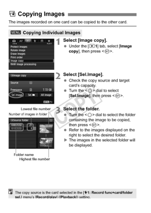Page 274274
The images recorded on one card can be copied to the other card.
1Select [Image copy].
 Under the [ 31] tab, select [Image 
copy ], then press < 0>.
2Select [Sel.Image].
  Check the copy source and target 
card’s capacity.
  Turn the < 5> dial to select 
[Sel.Image ], then press < 0>.
3Select the folder.
  Turn the < 5> dial to select the folder 
containing the image to be copied, 
then press < 0>.
  Refer to the images displayed on the 
right to select the desired folder.
X The images in the...