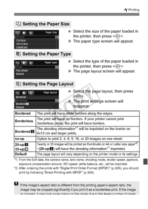 Page 299299
wPrinting
 Select the size of the paper loaded in 
the printer, then press < 0>.
X The paper type screen will appear.
  Select the type of the paper loaded in 
the printer, then press < 0>.
X The page layout screen will appear.
  Select the page layout, then press 
.
X The print settings screen will 
reappear.
*1: From the Exif data, the ca mera name, lens name, shooting mode, shutter speed, aperture, 
exposure compensation amoun t, ISO speed, white balance, etc., will be imprinted.
*2: After...