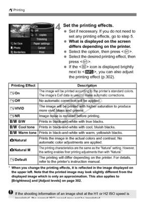 Page 300300
wPrinting
4Set the printing effects.
 Set if necessary. If you do not need to 
set any printing effects, go to step 5.
  What is displayed on the screen 
differs depending on the printer.
  Select the option, then press < 0>.
  Select the desired printing effect, then 
press < 0>.
  If the < e> icon is displayed brightly 
next to < z>, you can also adjust 
the printing effect (p.302).
* When you change the printing effects, it  is reflected in the image displayed on 
the upper left. Note that the...