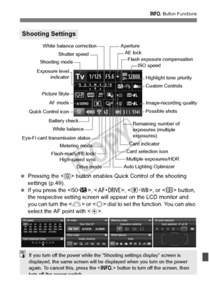 Page 337337
B Button Functions
 Pressing the < Q> button enables Quick Control of the shooting 
settings (p.49).
  If you press the < m>, , , or  button, 
the respective setting screen will appear on the LCD monitor and 
you can turn the < 6> or  dial to set the function. You can also 
select the AF point with < 9>.
Shooting Settings
Battery check Shutter speed
Auto Lighting Optimizer
Image-recording quality
Picture Style
Shooting mode
ISO speed
Card indicator Possible shots
Eye-Fi card transmission status...