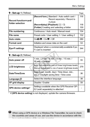 Page 353353
Menu Settings
5: Set-up 1  (Yellow)Page
5: Set-up 2  (Yellow)
*If [GPS device setting ] is not displayed, upda te the camera firmware.
Record function+card/
folder selection
[
Record func. ] Standard / Auto  switch card / Record separately / Record to 
multiple
[Record/play ] [Playback] f / g
[ Folder ] Creating and selecting a folder
11 6
11 8
150
File numbering
Continuous / Auto reset / Manual reset154
File name
Preset code / User sett ing 1 / User setting 2152
Auto rotate
On zD  / On D / Off280...