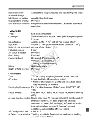 Page 373373
Specifications
Noise reduction: Applicable to long exposures and high ISO speed shots
Automatic image 
brightness correction: Auto Lighting Optimizer
Highlight tone priority: Provided
Lens aberration correction: Peripheral illumination correction, Chromatic aberration  correction
• ViewfinderType: Eye-level pentaprism
Coverage: Vertical/Horizontal approx. 100% (w ith Eye point approx. 
21 mm)
Magnification: Approx. 0.71x (-1 m
-1 with 50 mm lens at infinity)
Eye point: Approx. 21 mm (from ey epiece...