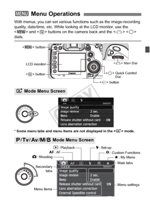 Page 5151
With menus, you can set various functions such as the image-recording 
quality, date/time, etc. While looking at the LCD monitor, use the 
 and < Q> buttons on the camera back and the < 6> <
5> dials.
* Some menu tabs and menu item s are not displayed in the  mode.
3  Menu Operations
A Mode Menu Screen
d/s /f /a /F  Mode Menu Screen
 Quick Control Dial
 button
 Main DialLCD monitor
 button
 button
Menu items Menu settings
z: Shooting
5: Set-up
9: My Menu
3: Playback
8: Custom Functions
Main tabs...