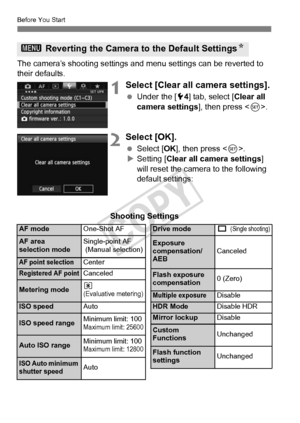 Page 5656
Before You Start
The camera’s shooting settings and menu settings can be reverted to 
their defaults.
1Select [Clear all camera settings].
 Under the [ 54] tab, select [ Clear all 
camera settings], then press < 0>.
2Select [OK].
  Select [OK ], then press < 0>.
X Setting [Clear all camera settings ] 
will reset the camera to the following 
default settings:
3  Reverting the Camera to the Default Settings N
Shooting Settings
AF modeOne-Shot AFDrive modeu (Single shooting)
AF area
selection...