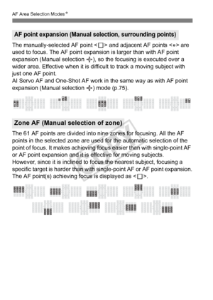 Page 7676
AF Area Selection ModesN
The manually-selected AF point < S> and adjacent AF points < w> are 
used to focus. The AF point expans ion is larger than with AF point 
expansion (Manual selection  ), so the focusing is executed over a 
wider area. Effective when it is diff icult to track a moving subject with 
just one AF point.
AI Servo AF and One-Shot  AF work in the same way as with AF point 
expansion (Manual selection  ) mode (p.75).
The 61 AF points are divided into ni ne zones for focusing. All the...