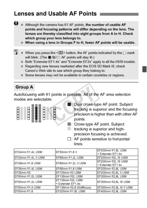 Page 7979
Autofocusing with 61 points is possible. All of the AF area selection 
modes are selectable.
: Dual cross-type AF point. Subject tracking is superior and the focusing 
precision is higher than with other AF 
points.
: Cross-type AF point. Subject  tracking is superior and high-
precision focusing is achieved.
: AF points sensitive to horizontal  lines.
Lenses and Usable AF Points
Group A
  Although the camera  has 61 AF points, the number of usable AF 
points and focusing patt erns will differ...