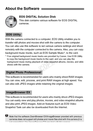 Page 132132EOS DIGITAL Solution Disk
This disk contains various software for EOS DIGITAL 
cameras.
With the camera connected to a co
mputer, EOS Utility enables you to 
transfer still photos and movies shot wi th the camera to the computer. 
You can also use this software to  set various camera settings and shoot 
remotely with the computer connected  to the camera. Also, you can copy 
background music tracks, such as EO S Sample Music*, to the card.
* Five original background music tracks are provided by Canon....