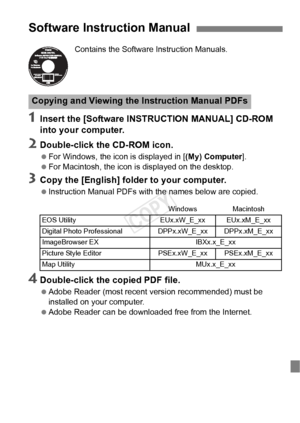 Page 135135
Contains the Software Instruction Manuals.
1Insert the [Software INSTRUCTION MANUAL] CD-ROM 
into your computer.
2Double-click the CD-ROM icon.
 For Windows, the icon is displayed in [ (My) Computer].
  For Macintosh, the icon is displayed on the desktop.
3Copy the [English] folder to your computer.
 Instruction Manual PDFs with the names below are copied.
4Double-click the copied PDF file.
 Adobe Reader (most recent  version recommended) must be 
installed on your computer.
  Adobe Reader can be...