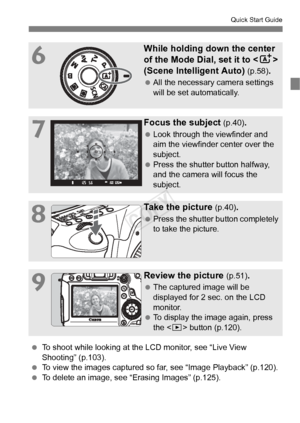 Page 1515
Quick Start Guide
6
While holding down the center 
of the Mode Dial, set it to  
(Scene Intelligent Auto) 
(p.58).
  All the necessary camera settings 
will be set automatically.
7
Focus the subject (p.40).
 Look through the viewfinder and 
aim the viewfinder center over the 
subject.
  Press the shutter button halfway, 
and the camera will focus the 
subject.
8
Take the picture (p.40).
 Press the shutter button completely 
to take the picture.
9
Review the picture (p.51).
 The captured image will be...