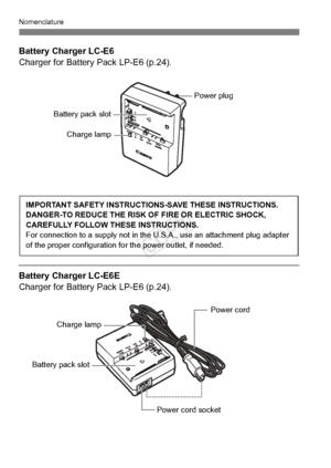 Page 22Nomenclature
22
Battery Charger LC-E6
Charger for Battery Pack LP-E6 (p.24).
Battery Charger LC-E6E
Charger for Battery Pack LP-E6 (p.24).
Battery pack slot
Charge lamp
Power plug
IMPORTANT SAFETY INSTRUCTIO NS-SAVE THESE INSTRUCTIONS.
DANGER-TO REDUCE THE RISK OF FIRE OR ELECTRIC SHOCK, 
CAREFULLY FOLLOW THESE INSTRUCTIONS.
For connection to a supply  not in the U.S.A., use an attachment plug adapter 
of the proper configu ration for the power outlet, if needed.
Power cord 
Power cord socket
Battery...