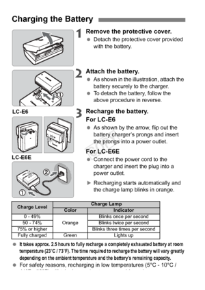 Page 2424
1Remove the protective cover.
 Detach the protective cover provided 
with the battery.
2Attach the battery.
 As shown in the illustration, attach the 
battery securely to the charger.
  To detach the battery, follow the 
above procedure in reverse.
3Recharge the battery.
For LC-E6
 As shown by the arrow, flip out the 
battery charger’s prongs and insert 
the prongs into a power outlet.
For LC-E6E
 Connect the power cord to the 
charger and insert the plug into a 
power outlet.
XRecharging starts...