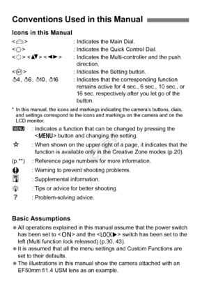 Page 66 Icons in this Manual
: Indicates the Main Dial.
<
5> : Indicates the Quick Control Dial.
< 9 > < V >  : Indicates the Multi-controller and the push 
direction.
< 0 > : Indicates the Setting button.
0, 9, 7, 8: Indicates that the corresponding function 
remains active for 4 sec., 6 sec., 10 sec., or 
16 sec. respectively after you let go of the 
button.
* In this manual, the icons  and markings indicating the camera’s buttons, dials, 
and settings correspond to the icons an d markings on the camera and...
