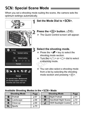 Page 6666
When you set a shooting mode suiting the scene, the camera sets the 
optimum settings automatically.
1Set the Mode Dial to .
2Press the < Q> button. (7)
XThe Quick Control screen will appear.
3Select the shooting mode.
  Press the < V> key to select the 
shooting mode section.
  Turn the < 6> or  dial to select 
a shooting mode.
  You can also select a shooting mode 
from a list by selecting the shooting 
mode section and pressing < 0>.
Available Shooting Modes in the < 8> Mode
8: Special Scene Mode...