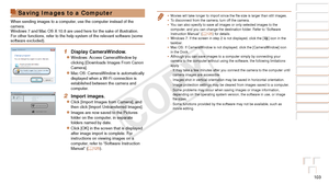 Page 103103
Before Use
Basic Guide
Advanced Guide
Camera Basics
Auto Mode / Hybrid 
Auto Mode
Other Shooting 
Modes
P Mode
Playback Mode
Wi-Fi Functions
Setting Menu
Accessories
Appendix
Index
Before Use
Basic Guide
Advanced Guide
Camera Basics
Auto Mode / Hybrid 
Auto Mode
Other Shooting 
Modes
P Mode
Playback Mode
Wi-Fi Functions
Setting Menu
Accessories
Appendix
Index
•	Movies will take longer to import since the file size is larger than still images.
•	 To disconnect from the camera, turn off the camera.
•...