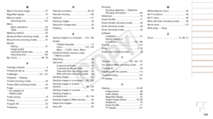 Page 158158
Before Use
Basic Guide
Advanced Guide
Camera Basics
Auto Mode / Hybrid 
Auto Mode
Other Shooting 
Modes
P Mode
Playback Mode
Wi-Fi Functions
Setting Menu
Accessories
Appendix
Index
Before Use
Basic Guide
Advanced Guide
Camera Basics
Auto Mode / Hybrid 
Auto Mode
Other Shooting 
Modes
P Mode
Playback Mode
Wi-Fi Functions
Setting Menu
Accessories
Appendix
Index
ShootingShooting date/time  → Date/time
Shooting information ................... 143
Slideshow ............................................ 70...