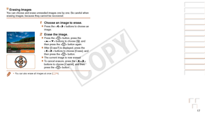 Page 1717
Before Use
Basic Guide
Advanced Guide
Camera Basics
Auto Mode / Hybrid 
Auto Mode
Other Shooting 
Modes
P Mode
Playback Mode
Wi-Fi Functions
Setting Menu
Accessories
Appendix
Index
Before Use
Basic Guide
Advanced Guide
Camera Basics
Auto Mode / Hybrid 
Auto Mode
Other Shooting 
Modes
P Mode
Playback Mode
Wi-Fi Functions
Setting Menu
Accessories
Appendix
Index
Erasing ImagesYou can choose and erase unneeded images one by one. Be careful when 
erasing images, because they cannot be recovered.
1 Choose...