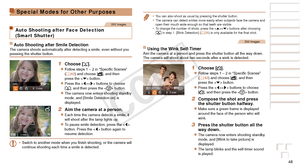 Page 4848
Before Use
Basic Guide
Advanced Guide
Camera Basics
Auto Mode / Hybrid 
Auto Mode
Other Shooting 
Modes
P Mode
Playback Mode
Wi-Fi Functions
Setting Menu
Accessories
Appendix
Index
Before Use
Basic Guide
Advanced Guide
Camera Basics
Auto Mode / Hybrid 
Auto Mode
Other Shooting 
Modes
P Mode
Playback Mode
Wi-Fi Functions
Setting Menu
Accessories
Appendix
Index
Special Modes for Other Purposes
Still Images
Auto Shooting after Face Detection  
(Smart Shutter)
Auto Shooting after Smile DetectionThe camera...