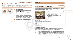 Page 6161
Before Use
Basic Guide
Advanced Guide
Camera Basics
Auto Mode / Hybrid 
Auto Mode
Other Shooting 
Modes
P Mode
Playback Mode
Wi-Fi Functions
Setting Menu
Accessories
Appendix
Index
Before Use
Basic Guide
Advanced Guide
Camera Basics
Auto Mode / Hybrid 
Auto Mode
Other Shooting 
Modes
P Mode
Playback Mode
Wi-Fi Functions
Setting Menu
Accessories
Appendix
Index
Still ImagesMovies
Shooting with the AF Lock
The focus can be locked. After you lock the focus, the focal position will not 
change even when...