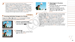 Page 6969
Before Use
Basic Guide
Advanced Guide
Camera Basics
Auto Mode / Hybrid 
Auto Mode
Other Shooting 
Modes
P Mode
Playback Mode
Wi-Fi Functions
Setting Menu
Accessories
Appendix
Index
Before Use
Basic Guide
Advanced Guide
Camera Basics
Auto Mode / Hybrid 
Auto Mode
Other Shooting 
Modes
P Mode
Playback Mode
Wi-Fi Functions
Setting Menu
Accessories
Appendix
Index
•	To show or hide information, press the < p> button in step 2.
•	 Options for viewing the images found (in step 2) include “Navigatin\
g...