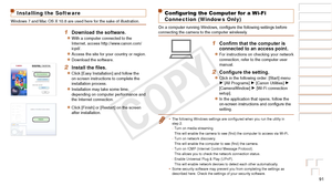 Page 9191
Before Use
Basic Guide
Advanced Guide
Camera Basics
Auto Mode / Hybrid 
Auto Mode
Other Shooting 
Modes
P Mode
Playback Mode
Wi-Fi Functions
Setting Menu
Accessories
Appendix
Index
Before Use
Basic Guide
Advanced Guide
Camera Basics
Auto Mode / Hybrid 
Auto Mode
Other Shooting 
Modes
P Mode
Playback Mode
Wi-Fi Functions
Setting Menu
Accessories
Appendix
Index
Installing the Software
Windows 7 and Mac OS X 10.8 are used here for the sake of illustration.
1 Download the software.
zzWith a computer...