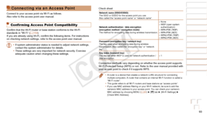 Page 9393
Before Use
Basic Guide
Advanced Guide
Camera Basics
Auto Mode / Hybrid 
Auto Mode
Other Shooting 
Modes
P Mode
Playback Mode
Wi-Fi Functions
Setting Menu
Accessories
Appendix
Index
Before Use
Basic Guide
Advanced Guide
Camera Basics
Auto Mode / Hybrid 
Auto Mode
Other Shooting 
Modes
P Mode
Playback Mode
Wi-Fi Functions
Setting Menu
Accessories
Appendix
Index
Connecting via an Access Point
Connect to your access point via Wi-Fi as follows.
Also refer to the access point user manual.
Confirming Access...
