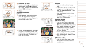 Page 1717
1
2
3
4
5
6
7
8
9
10
Cover 
Before Use
Common Camera 
Operations
Advanced Guide
Camera Basics
Auto Mode / 
Hybrid Auto Mode
Other Shooting 
Modes
Tv, Av, M, C1, 
and C2 Mode
Playback Mode
Wi-Fi Functions
Setting Menu
Accessories
Appendix
Index
Basic Guide
P Mode
3 Compose the shot.
zzTo zoom in and enlarge the subject, move 
the zoom lever toward < i> (telephoto), 
and to zoom away from the subject, move 
it toward  (wide angle).
4 Shoot.
Shooting Still Images
Focus.
zzPress the shutter button...