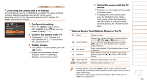 Page 164164
1
2
3
4
5
6
7
8
9
10
Cover 
Before Use
Common Camera 
Operations
Advanced Guide
Camera Basics
Auto Mode / 
Hybrid Auto Mode
Other Shooting 
Modes
Tv, Av, M, C1, 
and C2 Mode
Playback Mode
Wi-Fi Functions
Setting Menu
Accessories
Appendix
Index
Basic Guide
P Mode
Still ImagesMovies
Controlling the Camera with a TV RemoteConnecting the camera to an HDMI CEC-compatible TV enables playback 
(including slideshow playback) using the TV remote control.
Depending on the TV, you may need to adjust some TV...