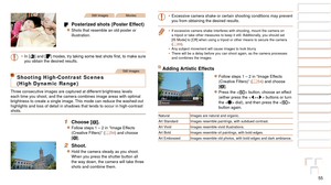Page 5555
1
2
3
4
5
6
7
8
9
10
Cover 
Before Use
Common Camera 
Operations
Advanced Guide
Camera Basics
Auto Mode / 
Hybrid Auto Mode
Other Shooting 
Modes
Tv, Av, M, C1, 
and C2 Mode
Playback Mode
Wi-Fi Functions
Setting Menu
Accessories
Appendix
Index
Basic Guide
P Mode
Still ImagesMovies
 Posterized shots (Poster Effect)
zzShots that resemble an old poster or 
illustration.
•	 In [
] and []	modes,	try	taking	some	test	shots	first,	to	make	sure	you obtain the desired results.
Still Images
Shooting...