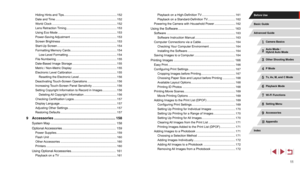 Page 1111
Hiding Hints and Tips ...............................................................152
Date and Time
 ......................................................................... 152
World Clock
 ............................................................................. 152
Lens Retraction T

iming
 ............................................................ 153
Using Eco Mode
 ...................................................................... 153
Power-Saving Adjustment...