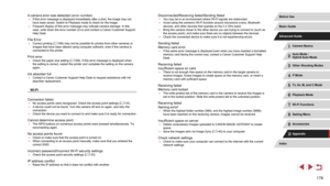 Page 178178
Disconnected/Receiving failed/Sending failed ●You may be in an environment where Wi-Fi signals are obstructed. ●Avoid using the camera’s Wi-Fi function around microwave ovens, Bluetooth 
devices, and other devices that operate on the 2.4 GHz band.
 ●Bring the camera closer to the other device you are trying to connect to (such as 
the access point), and make sure there are no objects between the devices.
 ●Check the connected device to make sure it is not experiencing errors.
Sending failed  
Memory...