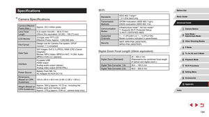 Page 194194
Wi-Fi
StandardsIEEE 802.11b/g/n*
* 2.4 GHz band only
Transmission 
Methods OFDM modulation (IEEE 802.11g/n)
DSSS modulation (IEEE 802.11b)
Communication 
Modes Infrastructure mode*
1, Ad hoc mode*2
*1 Supports Wi-Fi Protected Setup
*2 Wi-Fi CERTIFIED IBSS
Supported 
Channels 1 – 11 (PC2201) or 1 – 13 (PC2155)
Model numbers indicated in parentheses
Security WEP, WPA-PSK (AES/TKIP),
WPA2-PSK (AES/TKIP)
Digital Zoom Focal Length (35mm equivalent)
Digital Zoom [Standard] 24 – 403.2 mm
(Represents the...