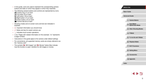 Page 55
 ●In this guide, icons are used to represent the corresponding camera 
buttons and dials on which they appear or which they resemble.
 ●The following camera buttons and controls are represented by icons.   
[] Control ring (11) on front 
[] Up button (9) on back 
[] Left button (16) on back 
[] Right button (11) on back 
[] Down button (12) on back  
[] Control dial (6) on back
 ● Shooting modes and on-screen icons and text are indicated in 
brackets.
 ●: Important information you should know
 ●: Notes...