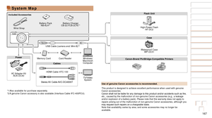 Page 167167
1
2
3
4
5
6
7
8
9
10
Cover 
Before Use
Common Camera 
Operations
Advanced Guide
Camera Basics
Auto Mode / 
Hybrid Auto Mode
Other Shooting 
Modes
Tv, Av, M, and 
C Mode
Playback Mode
Wi-Fi Functions
Setting Menu
Accessories
Appendix
Index
Basic Guide
P Mode
System Map
Wrist Strap Battery Pack
NB-6LH*1Battery Charger
CB-2LY/CB-2LYE*1
USB Cable (camera end: Mini-B)*2
Memory Card Card Reader Windows/
Macintosh  Computer
TV/Video
	System
AC Adapter  Kit
ACK-DC40
Included Accessories
Power Cables
HDMI...