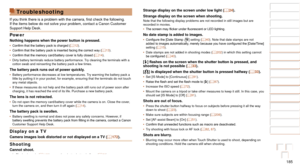 Page 185185
1
2
3
4
5
6
7
8
9
10
Cover 
Before Use
Common Camera 
Operations
Advanced Guide
Camera Basics
Auto Mode / 
Hybrid Auto Mode
Other Shooting 
Modes
Tv, Av, M, and 
C Mode
Playback Mode
Wi-Fi Functions
Setting Menu
Accessories
Appendix
Index
Basic Guide
P Mode
Troubleshooting
If	you	think	there	is	a	problem	with	the	camera,	first	check	the	following.	If the items below do not solve your problem, contact a Canon Customer 
Support Help Desk.
Power
Nothing happens when the power button is pressed.•...
