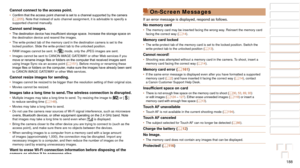 Page 188188
1
2
3
4
5
6
7
8
9
10
Cover 
Before Use
Common Camera 
Operations
Advanced Guide
Camera Basics
Auto Mode / 
Hybrid Auto Mode
Other Shooting 
Modes
Tv, Av, M, and 
C Mode
Playback Mode
Wi-Fi Functions
Setting Menu
Accessories
Appendix
Index
Basic Guide
P Mode
Cannot connect to the access point.•	 Confirm	that	the	access	point	channel	is	set	to	a	channel	supported	by	the	camera	(=  205). Note that instead of auto channel assignment, it is advisable to spe\
cify a 
supported channel manually.
Cannot send...