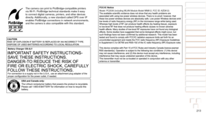 Page 213213
1
2
3
4
5
6
7
8
9
10
Cover 
Before Use
Common Camera 
Operations
Advanced Guide
Camera Basics
Auto Mode / 
Hybrid Auto Mode
Other Shooting 
Modes
Tv, Av, M, and 
C Mode
Playback Mode
Wi-Fi Functions
Setting Menu
Accessories
Appendix
Index
Basic Guide
P Mode
FCC/IC NoticeModel: PC2036 (including WLAN Module Model WM812, FCC ID: AZD812)           
   
 
The camera can print to PictBridge-compatible printers 
via Wi-Fi. PictBridge technical standards make it easy 
to connect digital cameras, printers,...