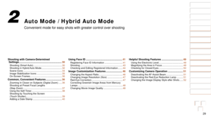 Page 2929
1
2
3
4
5
6
7
8
9
10
Cover 
Before Use
Common Camera 
Operations
Advanced Guide
Camera Basics
Auto Mode / 
Hybrid Auto Mode
Other Shooting 
Modes
Tv, Av, M, and 
C Mode
Playback Mode
Wi-Fi Functions
Setting Menu
Accessories
Appendix
Index
Basic Guide
P Mode
Auto Mode / Hybrid Auto Mode
Convenient mode for easy shots with greater control over shooting
2
Shooting with Camera-Determined  Settings ............................................................ 30Shooting  (Smart Auto)...