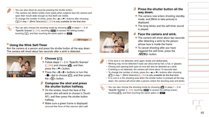 Page 6262
1
2
3
4
5
6
7
8
9
10
Cover 
Before Use
Common Camera 
Operations
Advanced Guide
Camera Basics
Auto Mode / 
Hybrid Auto Mode
Other Shooting 
Modes
Tv, Av, M, and 
C Mode
Playback Mode
Wi-Fi Functions
Setting Menu
Accessories
Appendix
Index
Basic Guide
P Mode
•	 You can also shoot as usual by pressing the shutter button.
•	 The camera can detect smiles more easily when subjects face the camera a\
nd 
open their mouth wide enough so that teeth are visible.
•	 To change the number of shots, press the < o>...