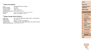Page 131131
1
2
3
4
5
6
7
8
9
Cover 
Before Use
Common Camera 
Operations
Advanced Guide
Camera Basics
Auto Mode
Other Shooting 
Modes
P Mode
Playback Mode
Setting Menu
Accessories
Appendix
Index
Basic Guide
Tv, Av, and M 
Mode
Battery Pack NB-6LH
Type: Rechargeable lithium-ion battery
Nominal	Voltage:	 3.7	V	DC
Nominal Capacity: 1060 mAh
Charging Cycles: Approx. 300 times
Operating Temperatures: 0 – 40 °C (32 – 104 °F)
Dimensions: 34.4 x 41.8 x 6.9 mm (1.35 x 1.65 x 0.27 in.)
Weight: Approx. 22 g (approx. 0.78...