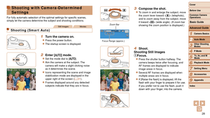 Page 2828
1
2
3
4
5
6
7
8
9
Cover 
Before Use
Common Camera 
Operations
Advanced Guide
Camera Basics
Auto Mode
Other Shooting 
Modes
P Mode
Playback Mode
Setting Menu
Accessories
Appendix
Index
Basic Guide
Tv, Av, and M 
Mode
3 Compose the shot.
zzTo zoom in and enlarge the subject, move 
the zoom lever toward < i> (telephoto), 
and to zoom away from the subject, move 
it toward  (wide angle). (A zoom bar 
showing the zoom position is displayed.)
4 Shoot.
Shooting Still Images
Focus.
zzPress the shutter button...