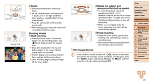 Page 2929
1
2
3
4
5
6
7
8
9
Cover 
Before Use
Common Camera 
Operations
Advanced Guide
Camera Basics
Auto Mode
Other Shooting 
Modes
P Mode
Playback Mode
Setting Menu
Accessories
Appendix
Index
Basic Guide
Tv, Av, and M 
Mode
Shoot.
zzPress the shutter button all the way 
down.
zzAs the camera shoots, a shutter sound 
is played, and in low-light conditions 
when
	you	have	raised	the	flash,	it	fires	automatically.
zzKeep the camera still until the shutter 
sound ends.
zzAfter displaying your shot, the camera...